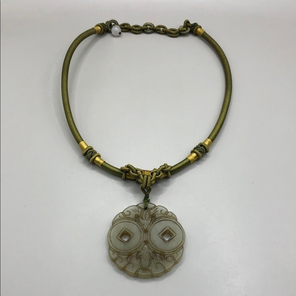 Large carved nephrite Chinese silky cord necklace artisan  statement look.